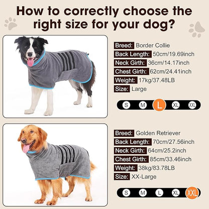 Microfibre Dog Bathrobe Towel Wrap Super Absorbent Dog Drying Coat Bath Robe for Puppy, Medium & Large Dogs, Fast Drying, Adjustable