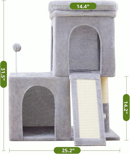 Woochpet 32inch Tall Cat Tree with 2 cat condo for Adult Cats Cozy Cat Tower with Scratching Post and Scrather Board for Cats of Different Ages.（Light Grey）