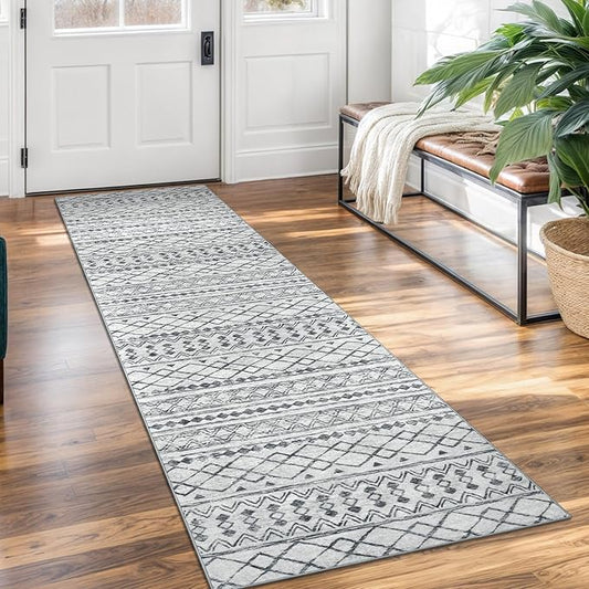KUTA Moroccan Washable Runner Rug, 2x7 Non-Slip Vintage Grey White Boho Hallway Kitchen Rugs Ultra Soft Distressed Geometric Floor Carpet Runners for Bedroom Laundry Living Room