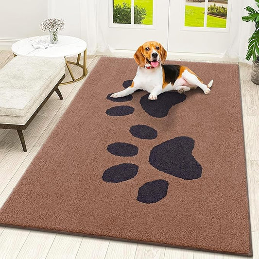 Smiry Dog Door Mat for Muddy Paws, Absorbs Moisture and Dirt, Low-Profile Entryway Mat with Non-Slip Backing, Entry Indoor Outdoor Doormat for Inside Floor (48x32 Inches, Camel and Black, Paw)