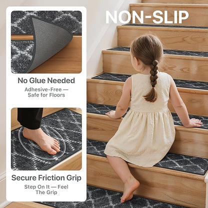 Non Slip Microfiber Stair Treads for Wooden Steps, 15PCS 8"x30" Indoor Safety Carpet, 3D Cut & Loop Tufted Edging Mats with TPE Adhesive Backing, Pet & Elderly Friendly Stair Rugs (Charcoal/White)