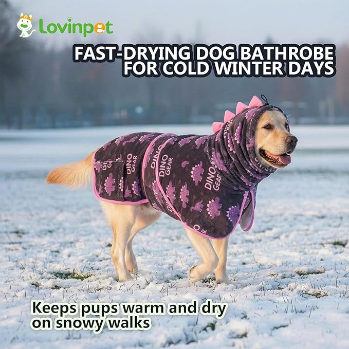 LovinPet 3‑in‑1 Dog Warm Winter Coat & Bathrobe, Hooded Dinosaur Fleece, Lightweight High‑Loft, Absorbent Knit, Quiet Hook‑and‑Loop, Wind‑Blocking Edges, Dog Robes for Medium & Large Dogs, Blue,M