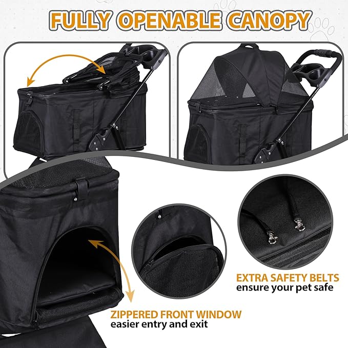 4 Wheels Foldable Pet Dog Cat Jogger Stroller Travel Carrier Strolling Cart w/Waterproof Cover Storage Basket Cup Holder & Detachable Carrier for Medium Small Cat Dog, Black