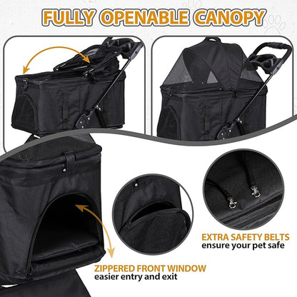 4 Wheels Foldable Pet Dog Cat Jogger Stroller Travel Carrier Strolling Cart w/Waterproof Cover Storage Basket Cup Holder & Detachable Carrier for Medium Small Cat Dog, Black
