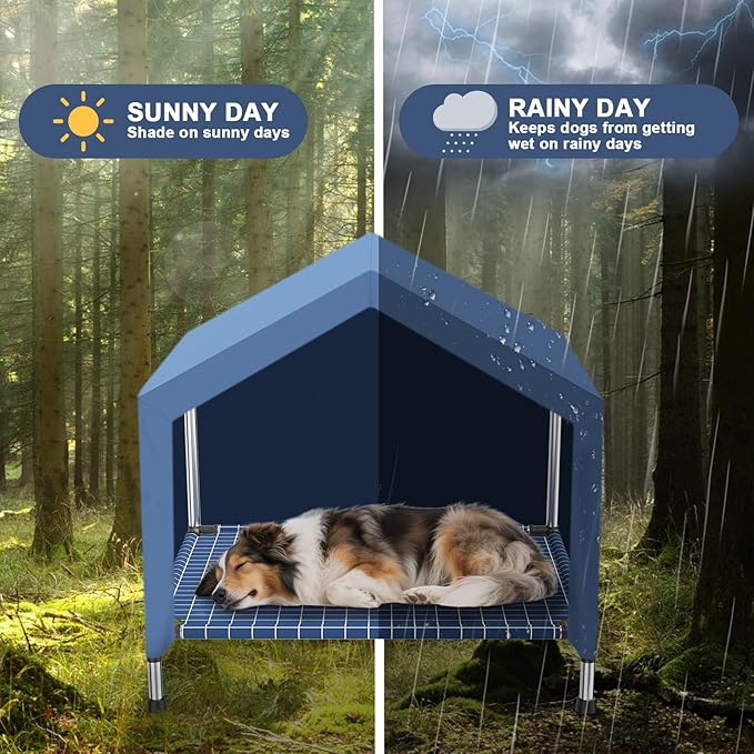2 in 1 Elevated Dog House - Rainproof Dog Tent Cat House, Dog Sunshade Tent, Pet House - Ventilated Elevated Floor, Raised Pet Shelter for Medium