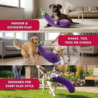 Pet Lou 29 Inch Eggplant Plush Dog Toy for Soft Chewers, Extra-Long Squeaky & Crinkle Dog Toy, Super Soft Stuffed Anti-Boredom Pet Plush Toy