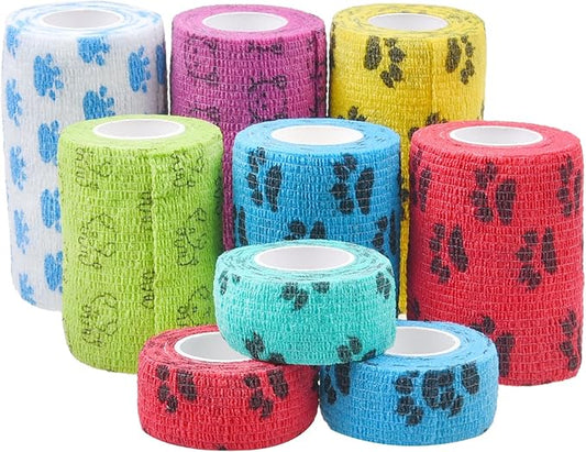 Eco-Fused Self-Adhering Bandage - Injury Wrap Tape for Pets, Dogs, Cats, Horses - Pack of 9- Dog Bandages for Legs - Prevent Licking - Does not Stick to Hair - Elastic, Water Repellent, Breathable