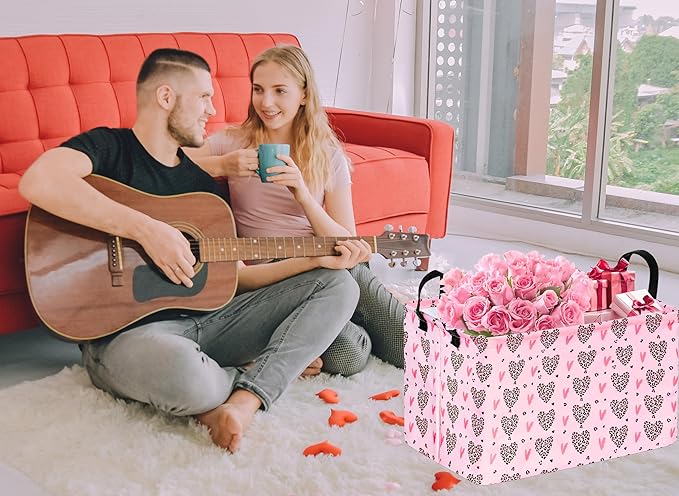 Valentines Basket Rec Heart Print Box Hamper Storage Basket Collapsible Organizer Bin Gift Shelf Baskets for Home and Kitchen Storage