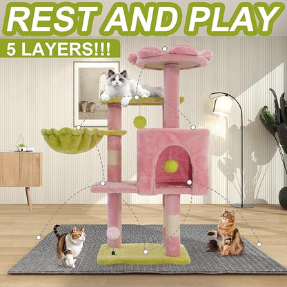 Cat Tree Tower with Metal Frame Hammock, 41'' Cat Trees for Indoor Cats Large Adult, Cat Towers with Scratching Post, Cats Condo furniture with Pink Flower Perch, Cats Climbing Tower for Kittens(Pink)