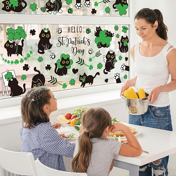Whaline St. Patrick's Day Window Clings Double Sided Green Shamrock Black Cat Clover Window Decal Stickers for Glass Irish Holiday Home Classroom Office Party Decor, 7 Sheets