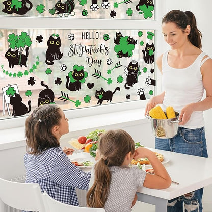 Whaline St. Patrick's Day Window Clings Double Sided Green Shamrock Black Cat Clover Window Decal Stickers for Glass Irish Holiday Home Classroom Office Party Decor, 7 Sheets
