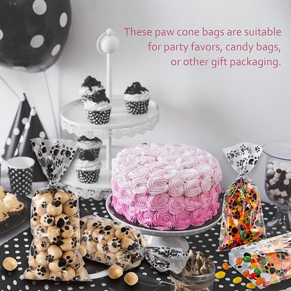Blulu 100 Pieces Dog Treat Bags Puppy Party Favor Pet Paw Cone Cellophane Bags Candy Heat SealableDog Paw Gift with 100 Pieces Silver Twist Ties for Pet Cat Treat Party Favor(Black)