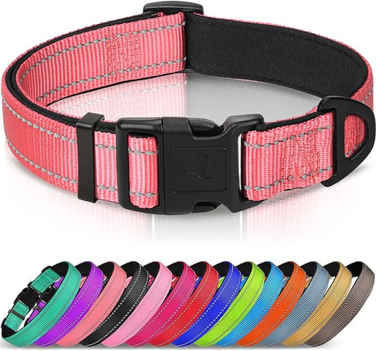 Joytale Reflective Dog Collar, Soft Neoprene Padded, Metal D-Ring, Nylon Pet Collar Adjustable for Medium Dogs, Neon Pink, M