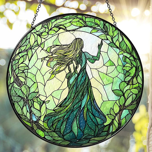 Green Witch Suncatcher Plant Witch Stained Glass Window Hanging Plant Lover Gifts for Women Wall Decor Handmade Sun Catcher Decoration for Garden Home Housewarming Gifts