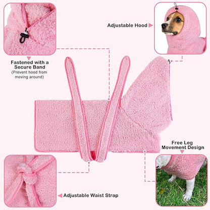 Bienbee Soft Dog Bathrobe，Super Absorbent & Quick-Drying Dog Robe with Hood, Cozy Drying Coat for After Bath, Pink XL