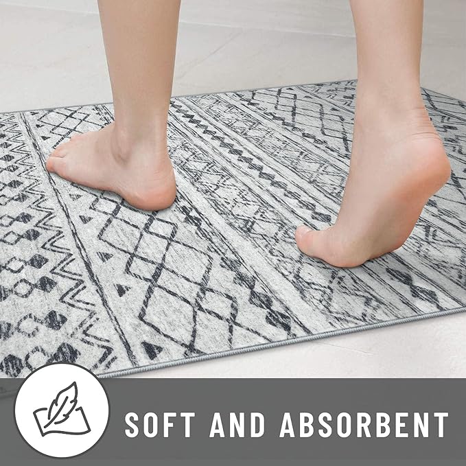 KUTA Washable Non-Slip Rugs for Entryway 2x3, Grey Moroccan Boho Small Area Rug, Ultra Soft Vintage Geometric Low-Pile Indoor Door Mat Floor Carpet for Indoor, Entrance, Kitchen, Bathroom, Bedroom