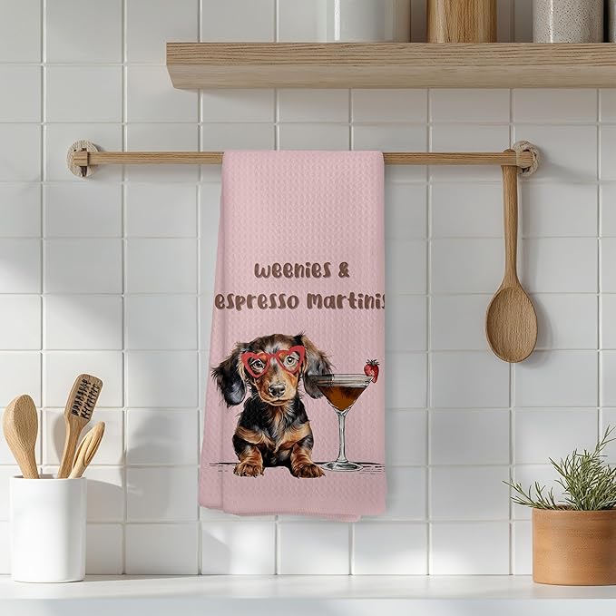 Weenies and Espresso Martini Kitchen Towels, Dachshund Lover Gifts Dish Tea Towels for Kitchen, Gifts Cocktail Lovers Hand Towels, Weiner Dog Gifts, 16x24 Inch