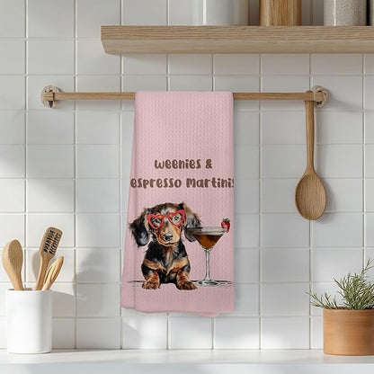 Weenies and Espresso Martini Kitchen Towels, Dachshund Lover Gifts Dish Tea Towels for Kitchen, Gifts Cocktail Lovers Hand Towels, Weiner Dog Gifts, 16x24 Inch