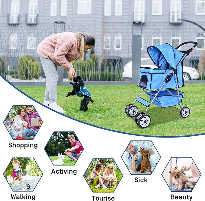 4 Wheels Pet Stroller for Dog and Cat Stroller, Lightweight and Foldable Carrier Strolling Cart W/Cup Holders Removable Liner for Small and Medium Dog Cat - Blue