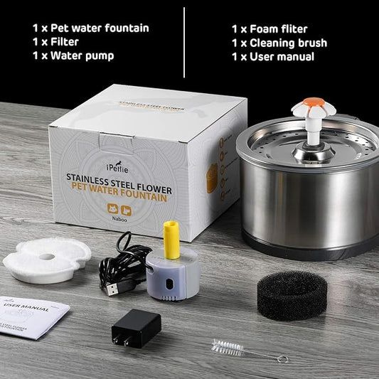 iPettie Cat Water Fountain Stainless Steel, 84oz/2.5L, 4-Stage Filtration, Ultra Quiet Metal Cat Water Fountain with LED Light & Filter for Pet, Kitty & Dog