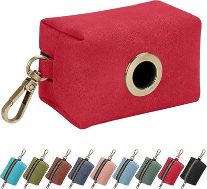 Didog Classic Dog Poop Bag Holder, Easy-Pull and Elegant PU Leather Pet Waste Bag Dispenser for Leash with Carabiner Clip, Includes 1 Roll Dog Waste Bag for Daily Walking,Red