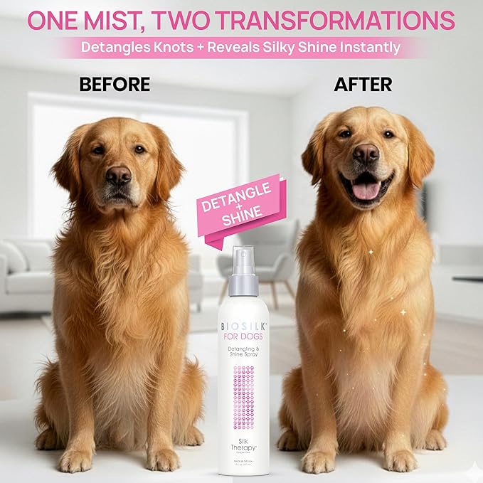 BioSilk for Dogs Detangling Spray with Shine Support, Lightweight Leave In Grooming Mist that Helps Smooth Coats, Detangle, and Add Shine Without Buildup, 8 Fl Oz
