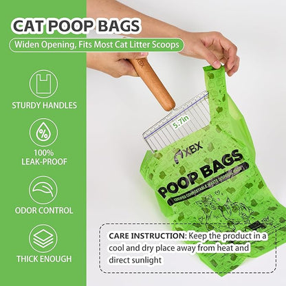 Cat Litter Bags for Poop, Compostable Kitty Poop Bags, 100 Count Unscented Disposal Waste Bags with Handle, Fit Any Scoop, Odor Sealing and Leakproof Dog Pooper Bag