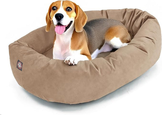 Majestic Pet 32 Inch Suede Calming Dog Bed Washable – Cozy Soft Round Dog Bed with Spine Support for Dogs to Rest their Head - Fluffy Donut Dog Bed 32x23x7 (Inch) - Round Pet Bed Medium – Stone (2025)