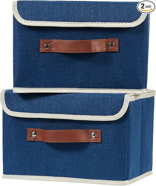 2PCS Storage Boxes with Lid Cotton Linen Fabric Storage Bins Organizer Container Decorative Collapsible Washable Shelf Closet Baskets Faux Leather Handles Home Bedroom (Deep Blue, Small)