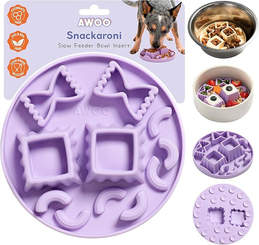 Awoo Snackaroni - Silicone Slow Feeder for Dog Bowls Over 5.5-Inches - Non-Slip, Wet and Dry Food-Compatible Pet Dish with Suction Cups - Extends Mealtime for Fast Eaters - Dishwasher Safe (Lavender)