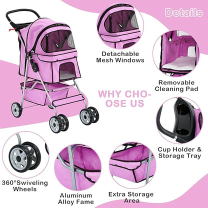 4 Wheels Dog Stroller, Foldable Pet Stroller for Small Medium Dogs, Portable Breathable Cat Stroller Dog Strollers with Storage Basket, Cup Holders, Removable Liner for Travel & Outdoor Use, Pink