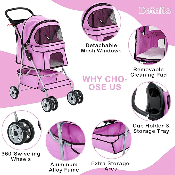 4 Wheels Pet Stroller Waterproof,Travel Stroller for Small Medium Dogs & Cats,Easy Fold with Removable Liner,Storage Basket,Pink