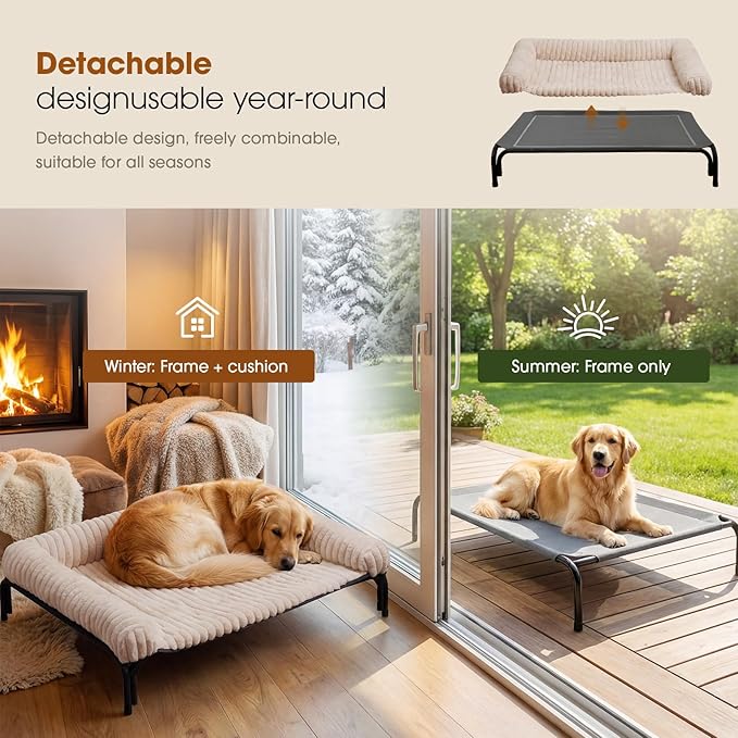 Elevated Dog Bed with Removable Bolster Cushion Mat, Raised Pet Cot for Medium Sized Dog with Breathable & Washable Mesh, Indoor & Outdoor Pet Hammock with Skid-Resistant Feet.