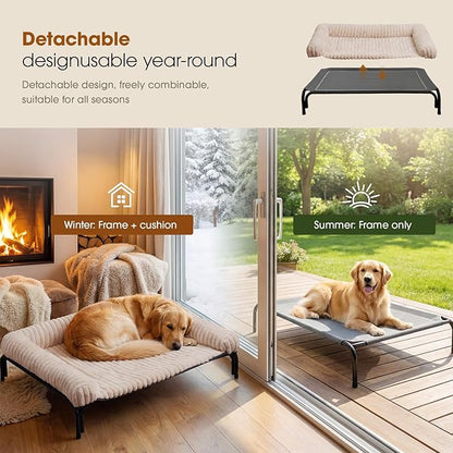 Elevated Dog Bed with Removable Bolster Cushion Mat, Raised Pet Cot for Medium Sized Dog with Breathable & Washable Mesh, Indoor & Outdoor Pet Hammock with Skid-Resistant Feet.