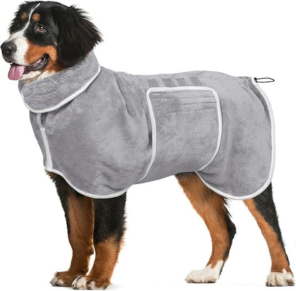 Dog Bathrobe Towel Drying Coat - Super Absorbent Dog Towels Bath Robe for Drying Dogs Large, Soft Adjustable Collar & Belly Strap Fast Drying Coat Pet Dog Cat Bath Robe Towel (Grey, 3X-Large)