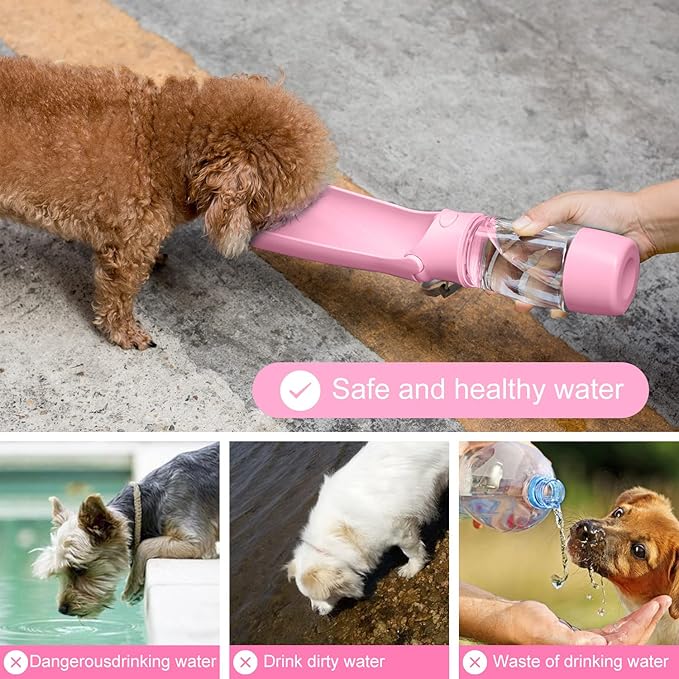 Dog Water Bottle with Food Container, Foldable Portable Puppy Travel Water Dispenser, Leak Proof Dog Water Bowl Summer Accessories for Pet Outdoor Walking Hiking (Pink)
