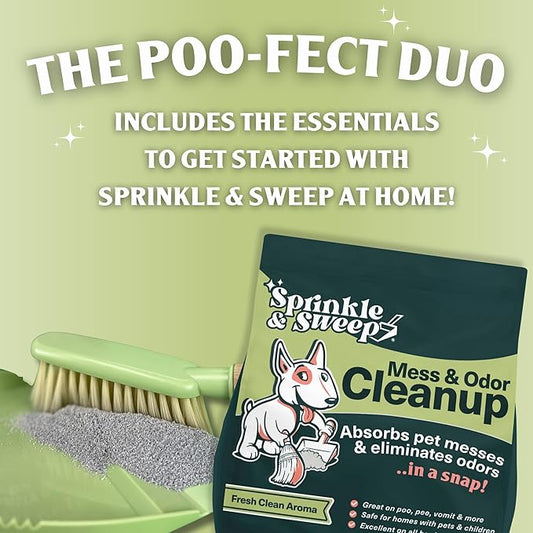 Sprinkle & Sweep: Pet Mess & Odor Cleanup Duo - 15oz Bag & Dustpan Broom - Dog Accident Clumping Powder, Remove Urine-Poop-Vomit from Hard Services