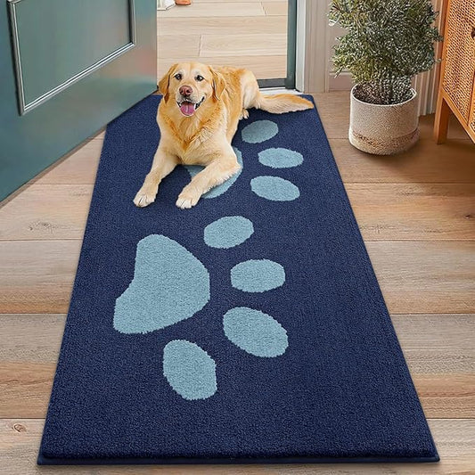 Smiry Dog Door Mat for Muddy Paws, Absorbs Moisture and Dirt, Low-Profile Entryway Mat with Non-Slip Backing, Entry Indoor Outdoor Doormat for Inside Floor (48x30 Inches, Dark Blue, Paw)