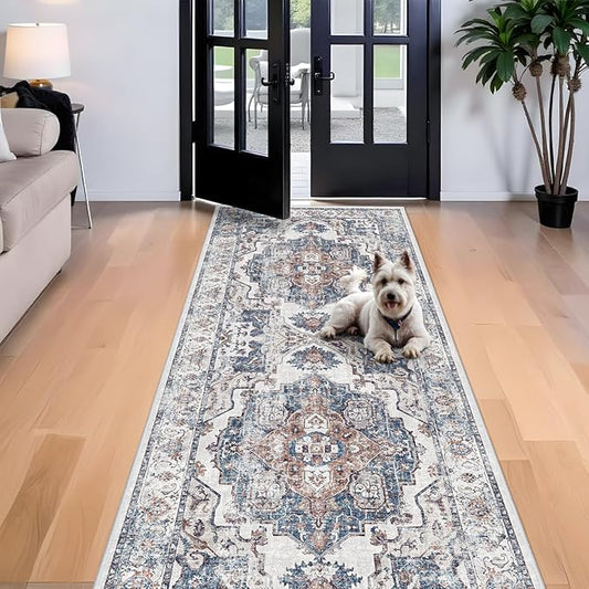 4x10 Washable Hallway Runner Rug: Oriental Living Room Entry Extra Wide Area Rug Ultra Soft Non Slip Runners for Kitchen Dining Room Stain Resistant Low Pile Floor Mat for Bathroom Bedroom(Brick,4x10)