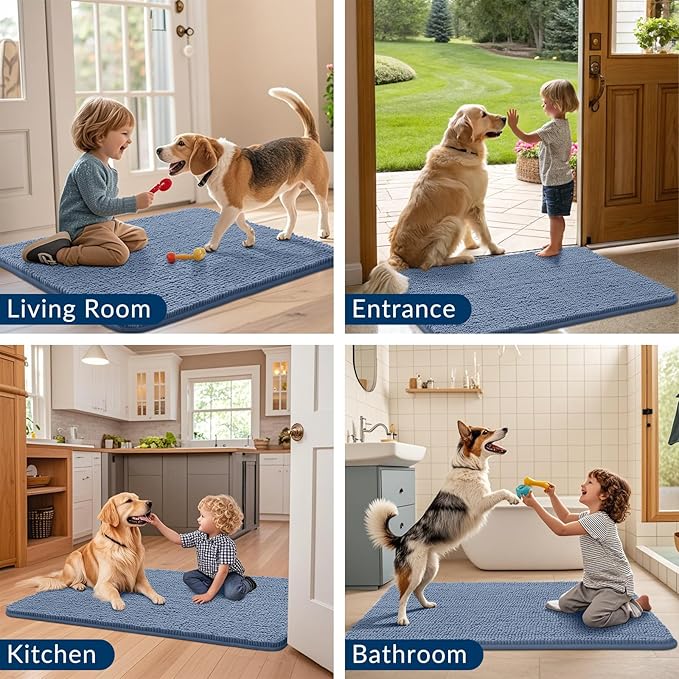 Smiry Dog Door Mat for Muddy Paws 59x24, Absorbs Moisture and Dirt Doormat, Non-Slip Washable Quick Dry Chenille Front Door Mat Indoor Entrance, Entryway Carpet for Inside Floor, Airy Blue