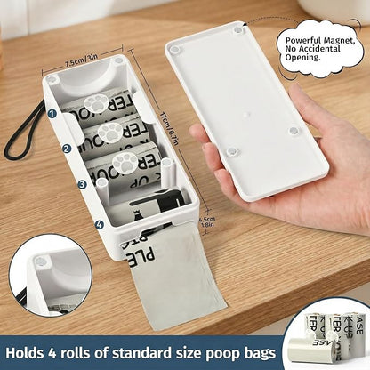 Dog Poop Bag Dispenser Wall Mount with Magnetic Lid, Quick Pull & Easy Access, White Dog Poop Bag Holder for Outdoor Yard, Includes 4 Rolls (60 Bags)