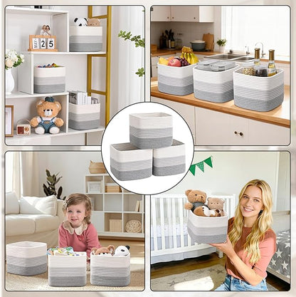 3 Pack Cube Storage Bin, 9”x9”x7” Cotton Rope Woven Baskets for Organizing Toys Clothes Towels, Square Gift Storage Baskets for Shelves, Nursery, Closet, Bathroom, Pantry (3-Tone Gray)