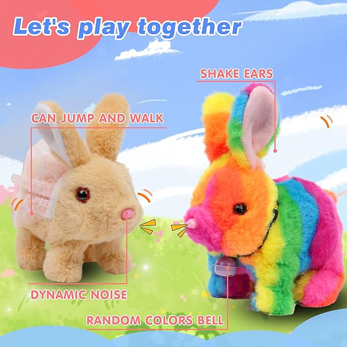 Hopearl Hopping Rabbit with Bell Interactive Electronic Pet Plush Bunny Toy with Sounds and Movements Animated Walking Wiggle Ears Twitch Nose Gift for Toddlers Birthday, Rainbow, 7''