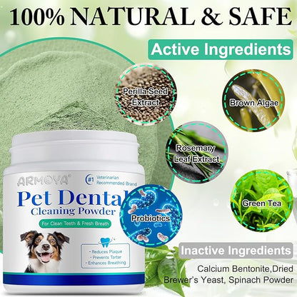 ARMOYA Dog Dental Powder for Fresh Breath and Healthy Teeth - Plaque Control for Small, Medium, Large Dogs