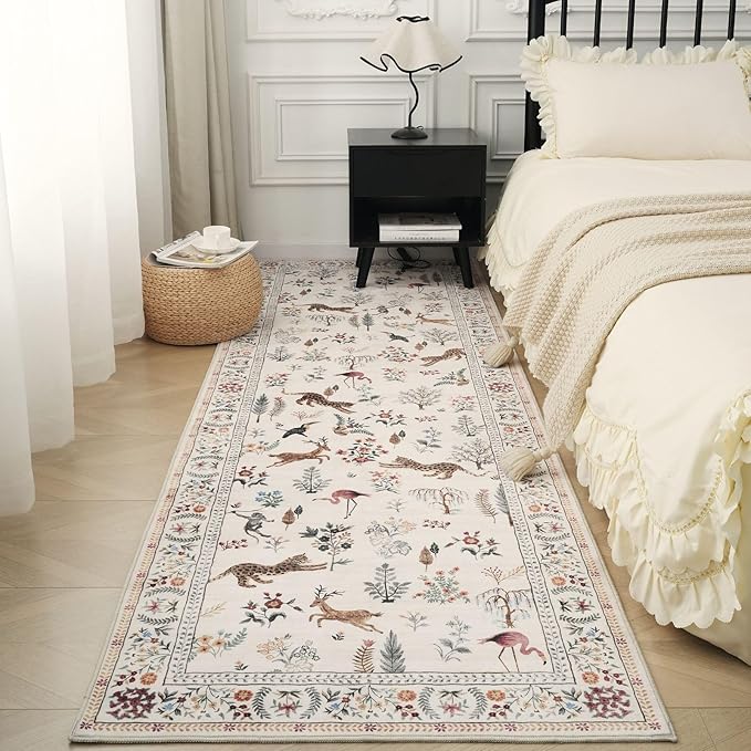 Rugcomf Runner Rug for Kitchen Rug Non Slip 2'x6' Washable Rugs with Rubber Backing Soft Floral Animal Carpet Runner for Kitchen, Laundry, Bedroom, Bathroom (Beige)