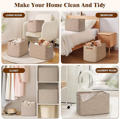 Storage Baskets for Organizing, 4 Pack Baskets for Shelves, Decorative Storage Bins for Shelves, Cotton Rope Storage Basket with Handles, Woven Basket for Storage, 13''Lx8.7''Wx7.9''H, Brown