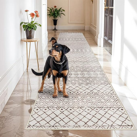 Washable Runner Rugs 3x16 - Long Hallway Runner Rug Low Pile Rug with Rubber Backing Floor Mat Non Slip Moroccan Indoor Carpet for Kitchen Bedroom Entryway 3x16 Geo Beige