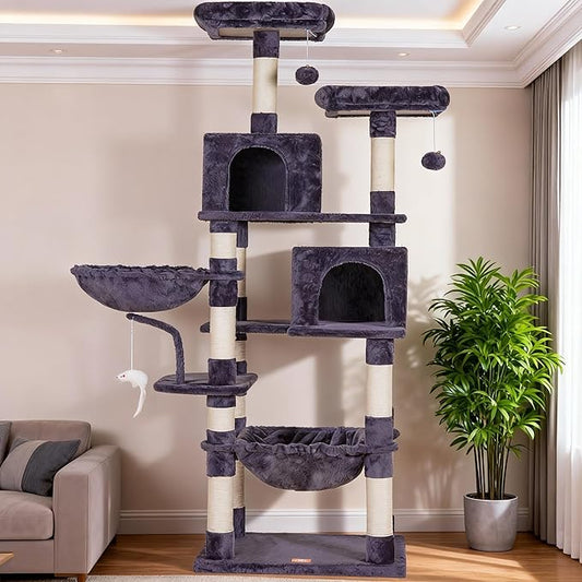 Heybly Cat Tree, 70 inches Tall Cat Tower Condo with Toy for Indoor Large Cats, Cat House Furniture with Padded Plush Perch, Cozy Hammock and Sisal Scratching Posts, Smoky Gray HCT032G