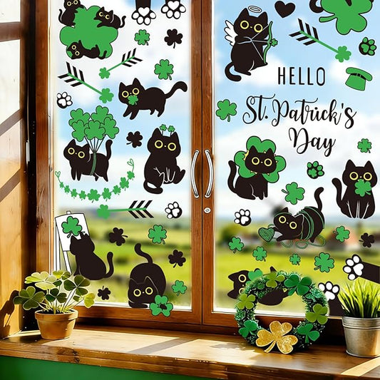 Whaline St. Patrick's Day Window Clings Double Sided Green Shamrock Black Cat Clover Window Decal Stickers for Glass Irish Holiday Home Classroom Office Party Decor, 7 Sheets