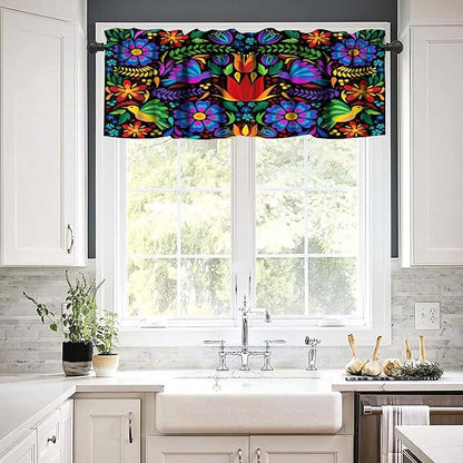 Mexico Valances Curtain for Kitchen, Mexican Folk Art Traditional Flower Pattern Window Treatment Valances Short Curtains Rod Pocket Drape for Dining Room Home Farmhouse Decor, 54x18inch